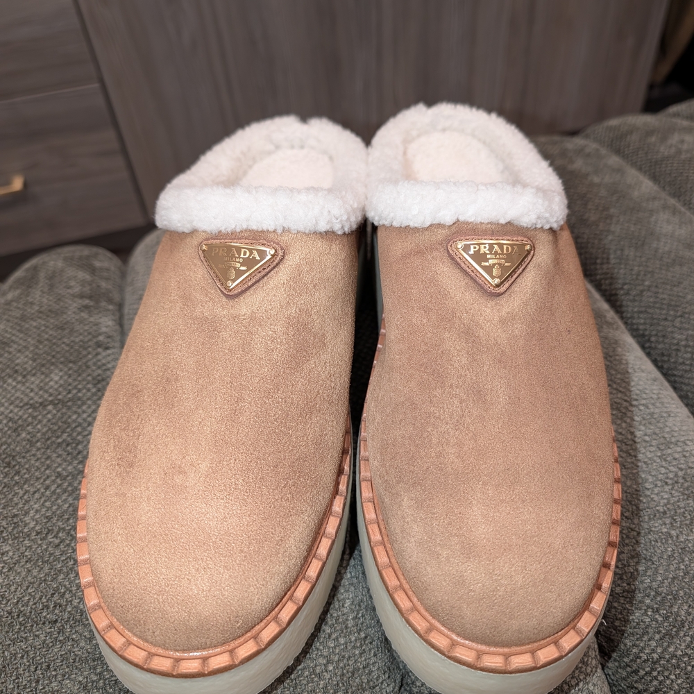 Prada Beige Suede Shearling Slippers